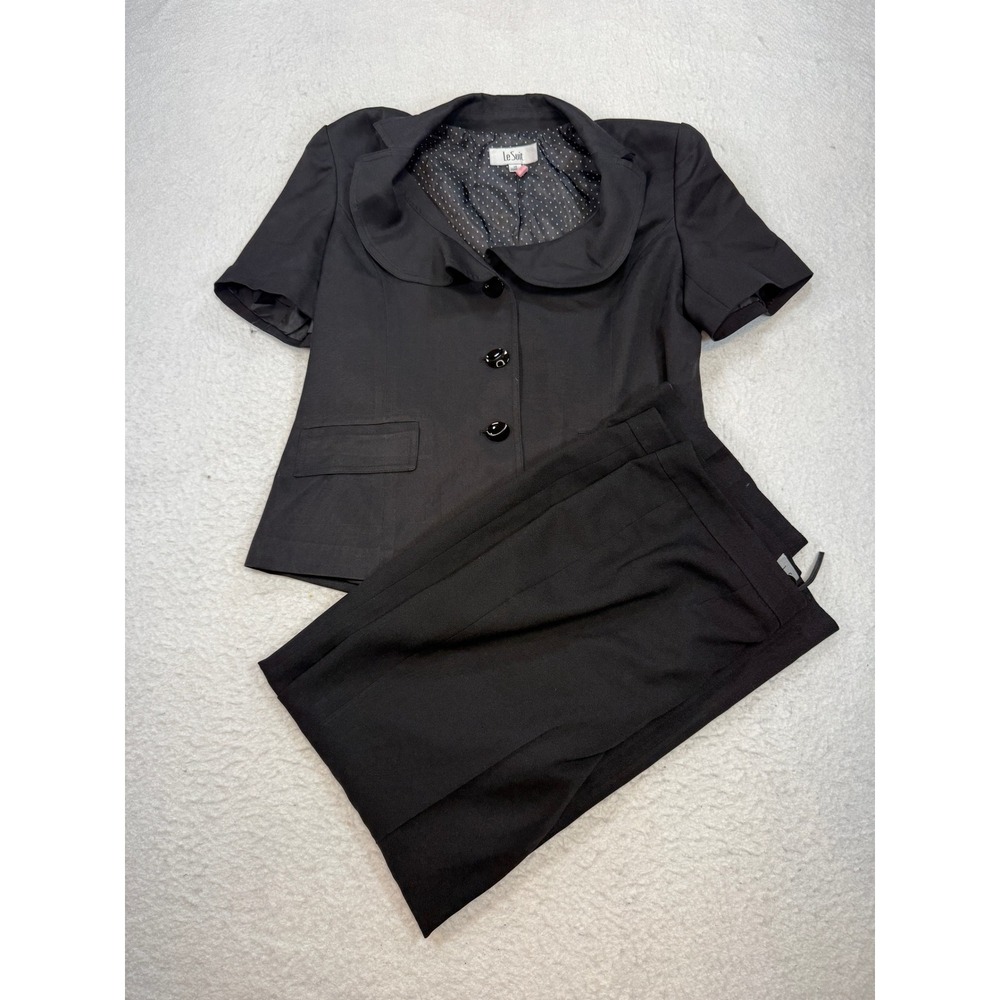 Le Suit Black Short Sleeve Ruffle Collar Blazer and Pants Set Size 16